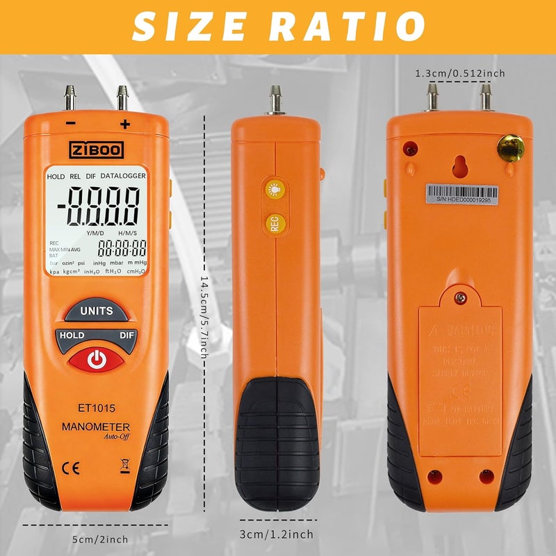 ZIBOO ET1015 Digital Manometer, Dual Port Differential Pressure Gauge, ±100 PSI Air and Differential Dual Port Pressure Gauge, Large LCD Display with Backlight,HVAC Gas Pressure Tester - Image 5